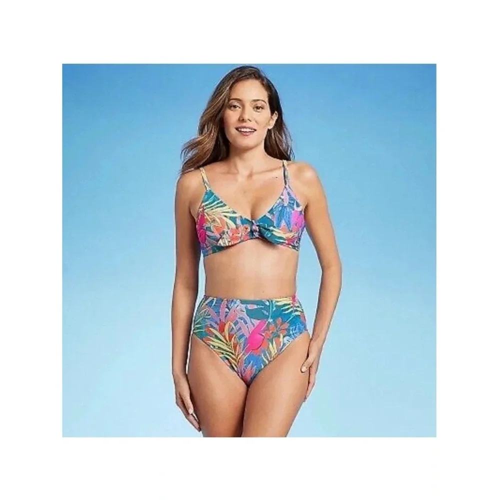 Kona Sol Womens Tropical Leaf Bikini Set Blue Pink Tie Front Top L‎ Bottom M